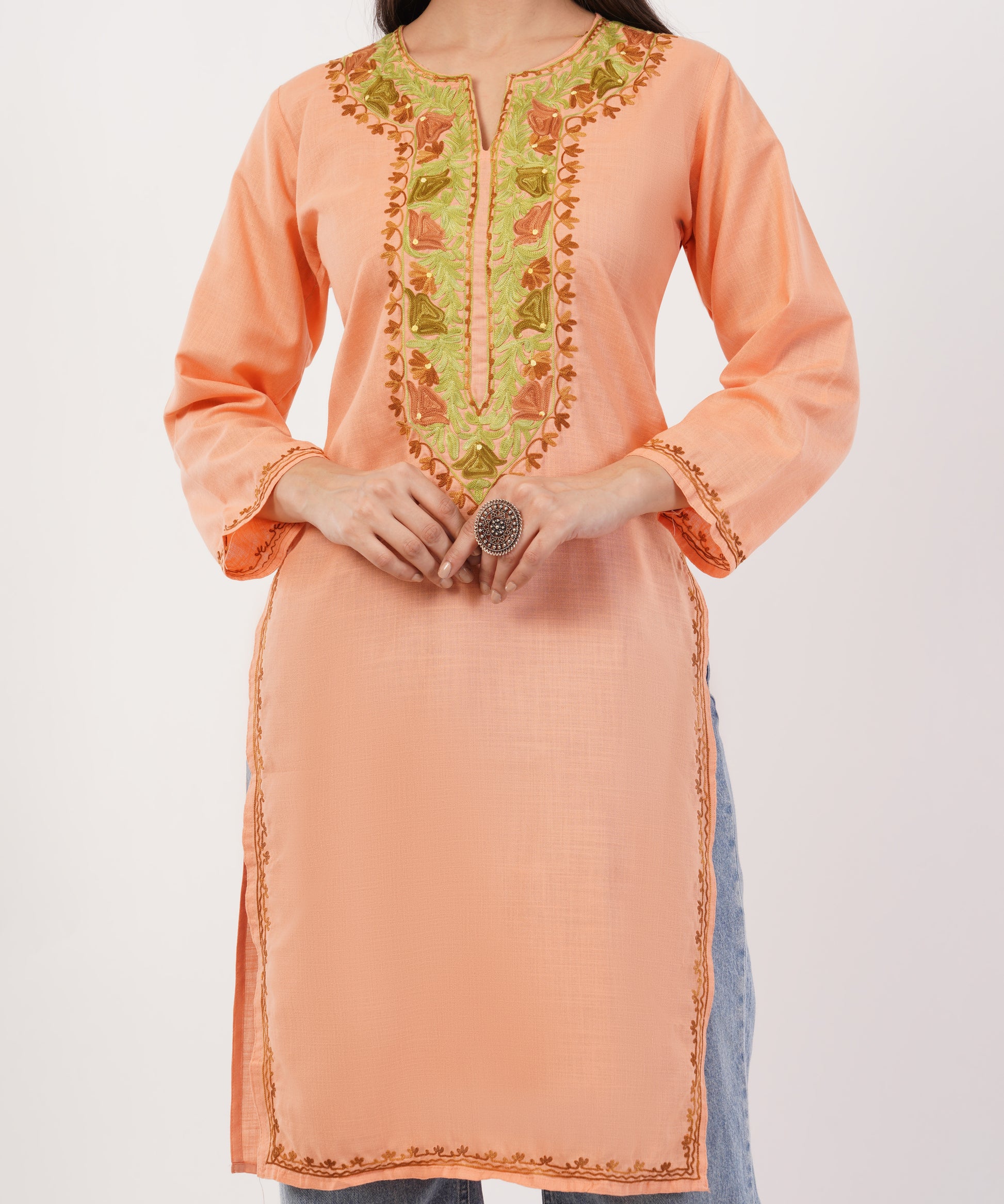 Kashmiri Aari embroidery Cotton Long Kurti Size-36 (Peach)