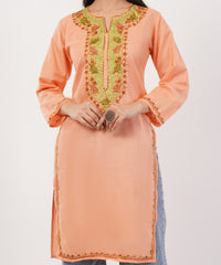 Kashmiri Aari embroidery Cotton Long Kurti Size-36 (Peach)