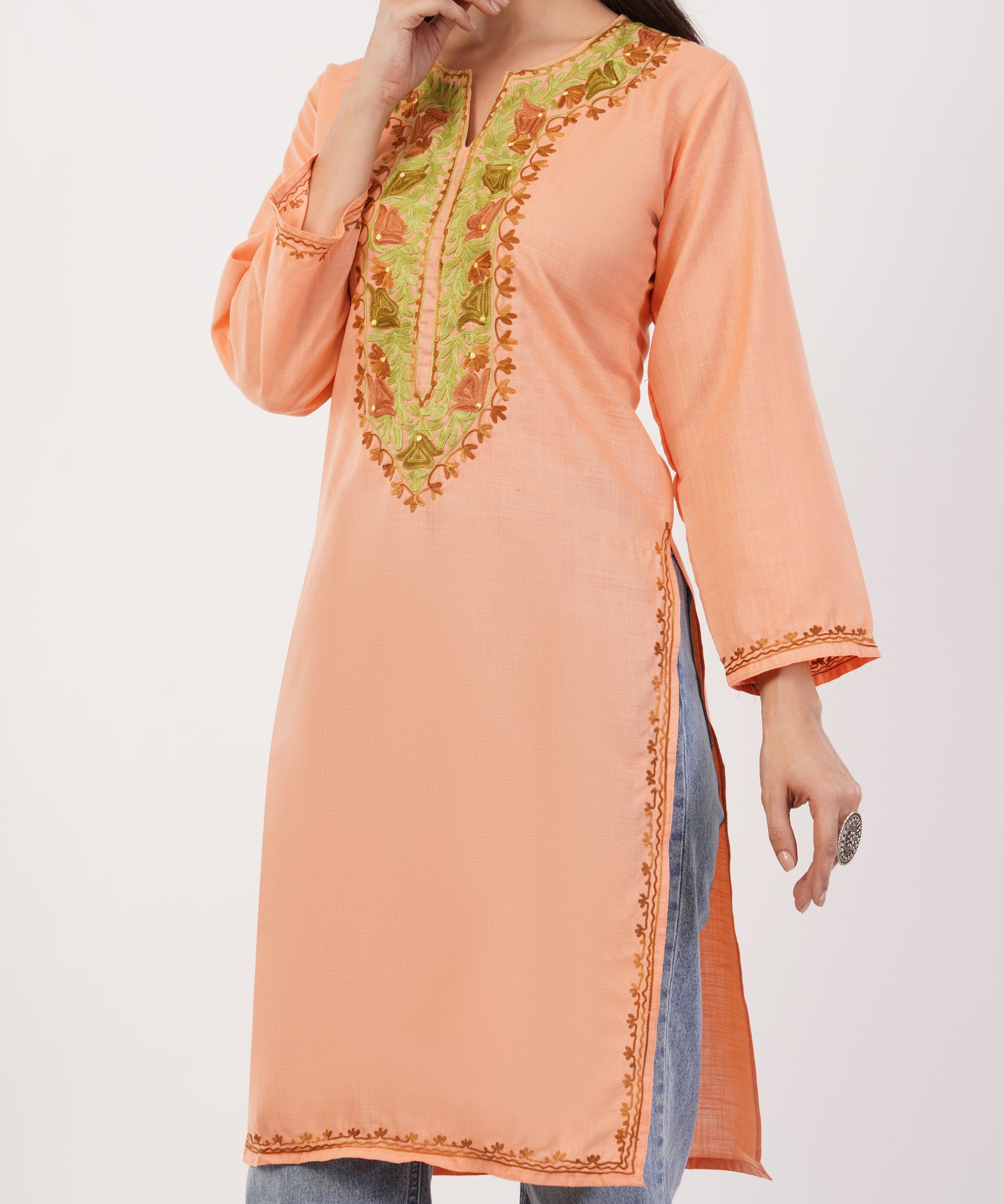 Kashmiri Aari embroidery Cotton Long Kurti Size-36 (Peach)