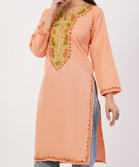 Kashmiri Aari embroidery Cotton Long Kurti Size-36 (Peach)