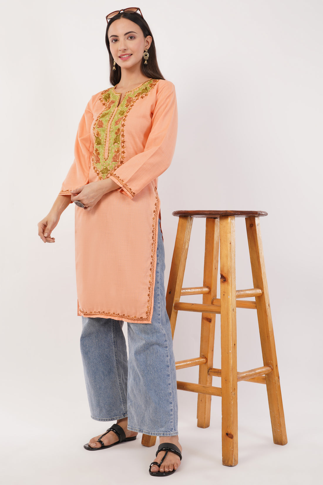 Kashmiri Aari embroidery Cotton Long Kurti Size-36 (Peach)