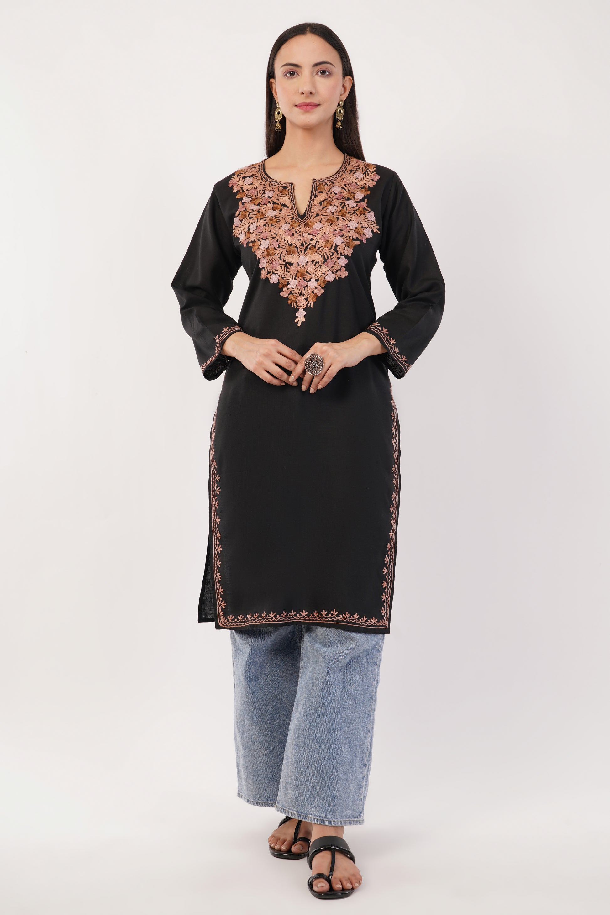 Kashmiri Aari embroidery Cotton Long Kurti Size-36 (Black)
