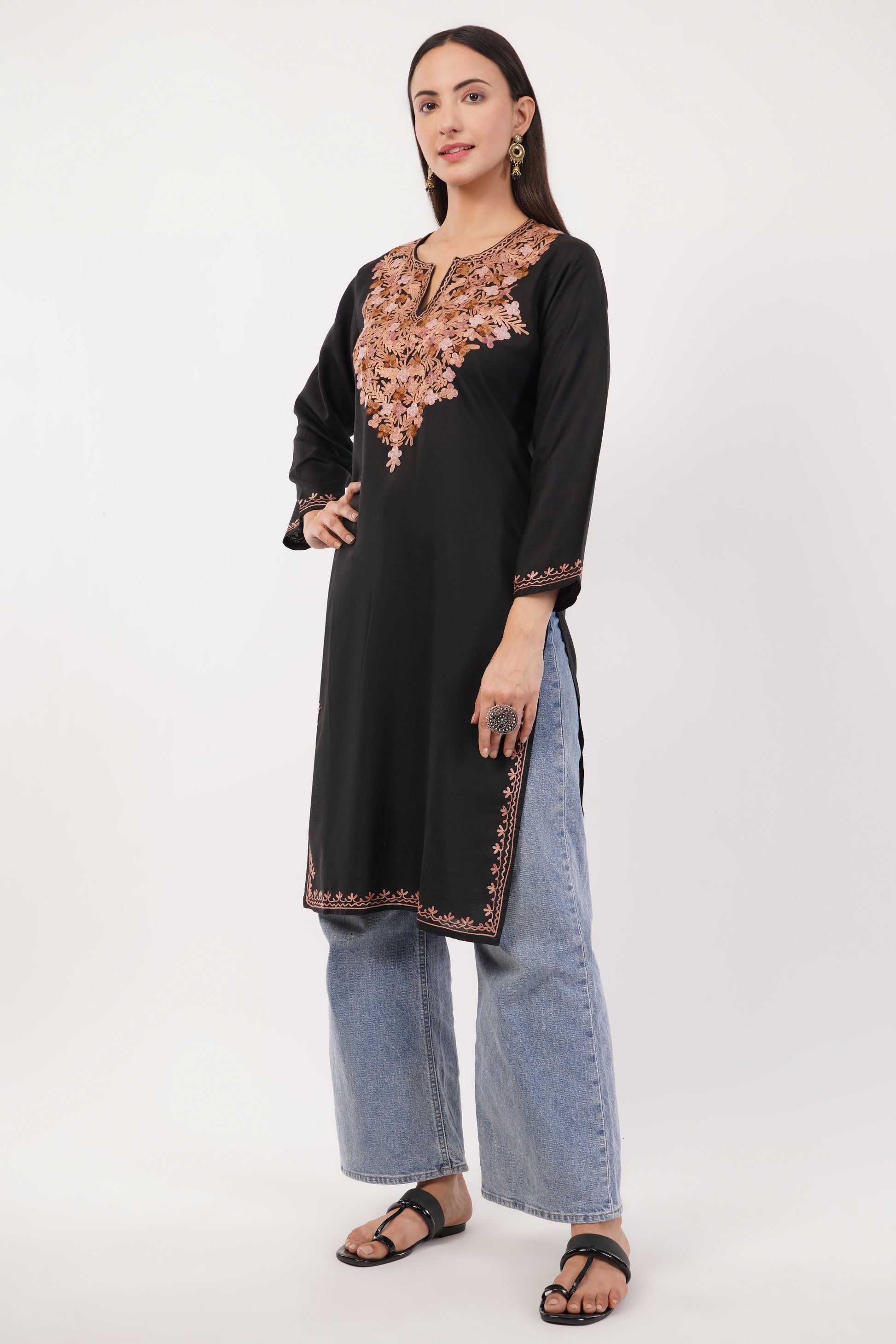 Kashmiri Aari embroidery Cotton Long Kurti Size-36 (Black)