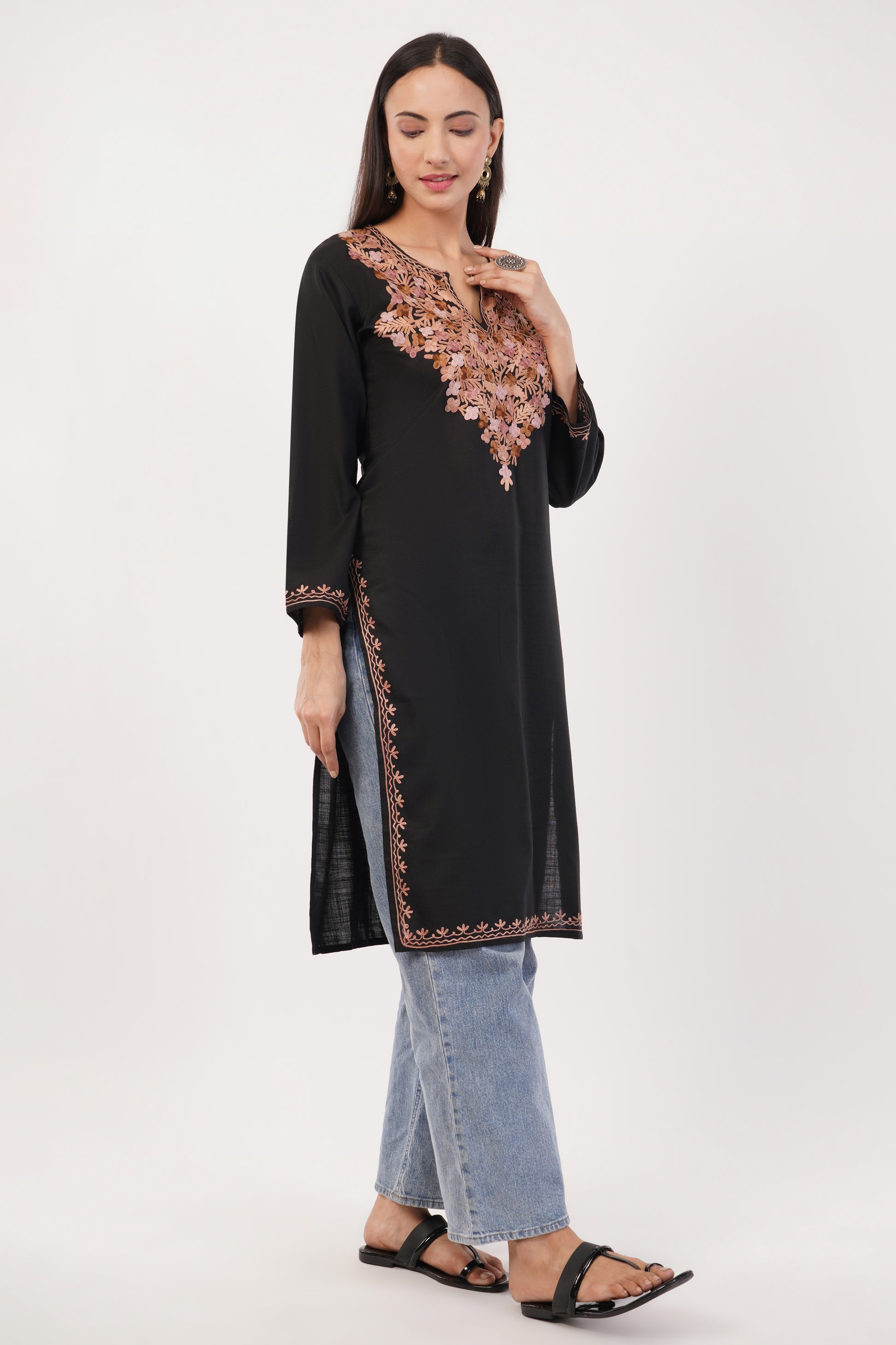Kashmiri Aari embroidery Cotton Long Kurti Size-36 (Black)