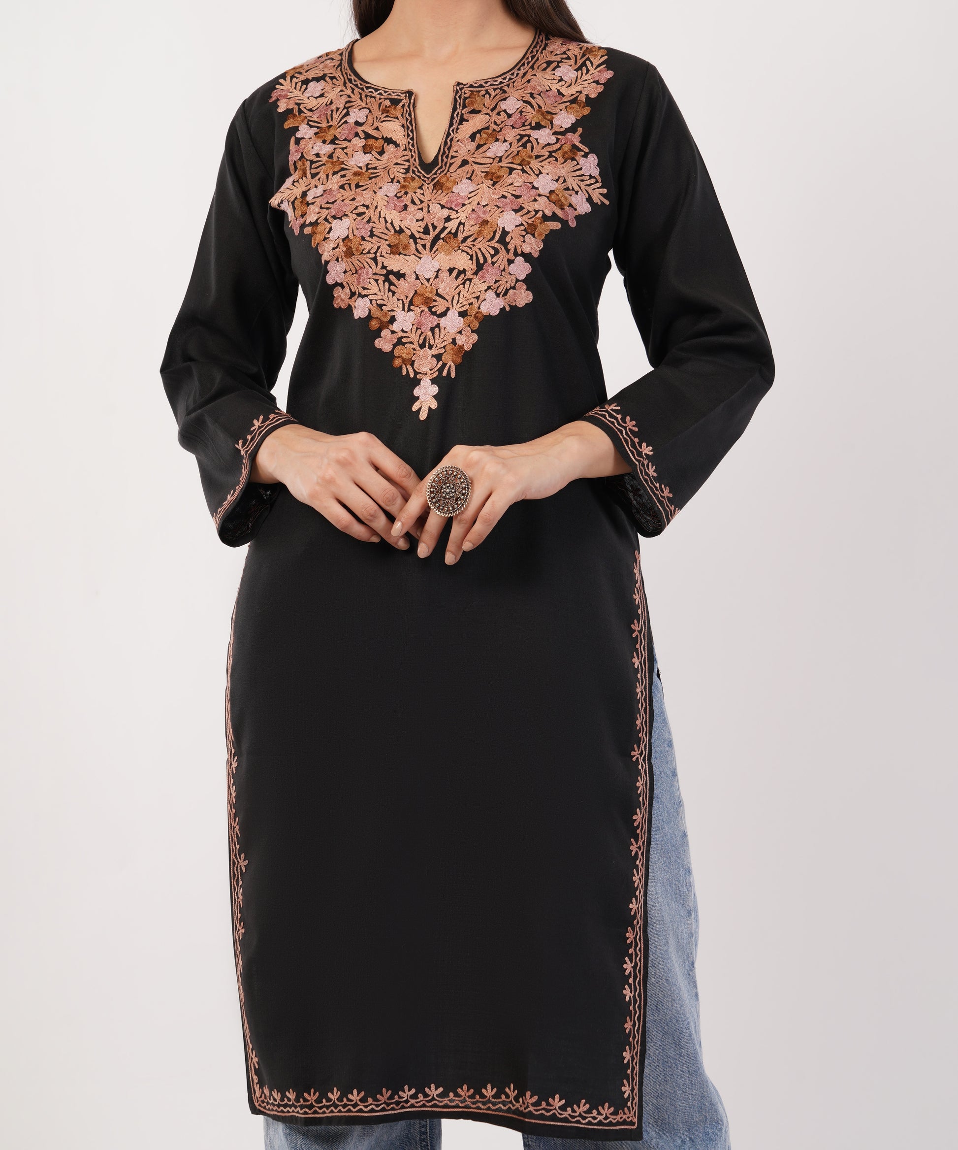 Kashmiri Aari embroidery Cotton Long Kurti Size-36 (Black)