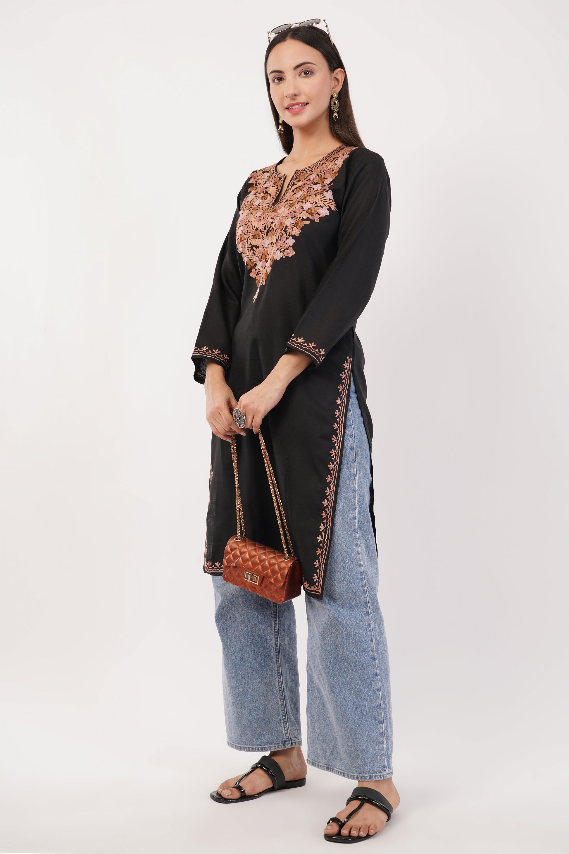 Kashmiri Aari embroidery Cotton Long Kurti Size-36 (Black)