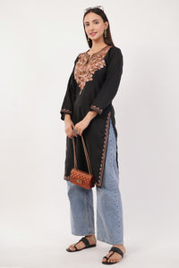 Kashmiri Aari embroidery Cotton Long Kurti Size-36 (Black)