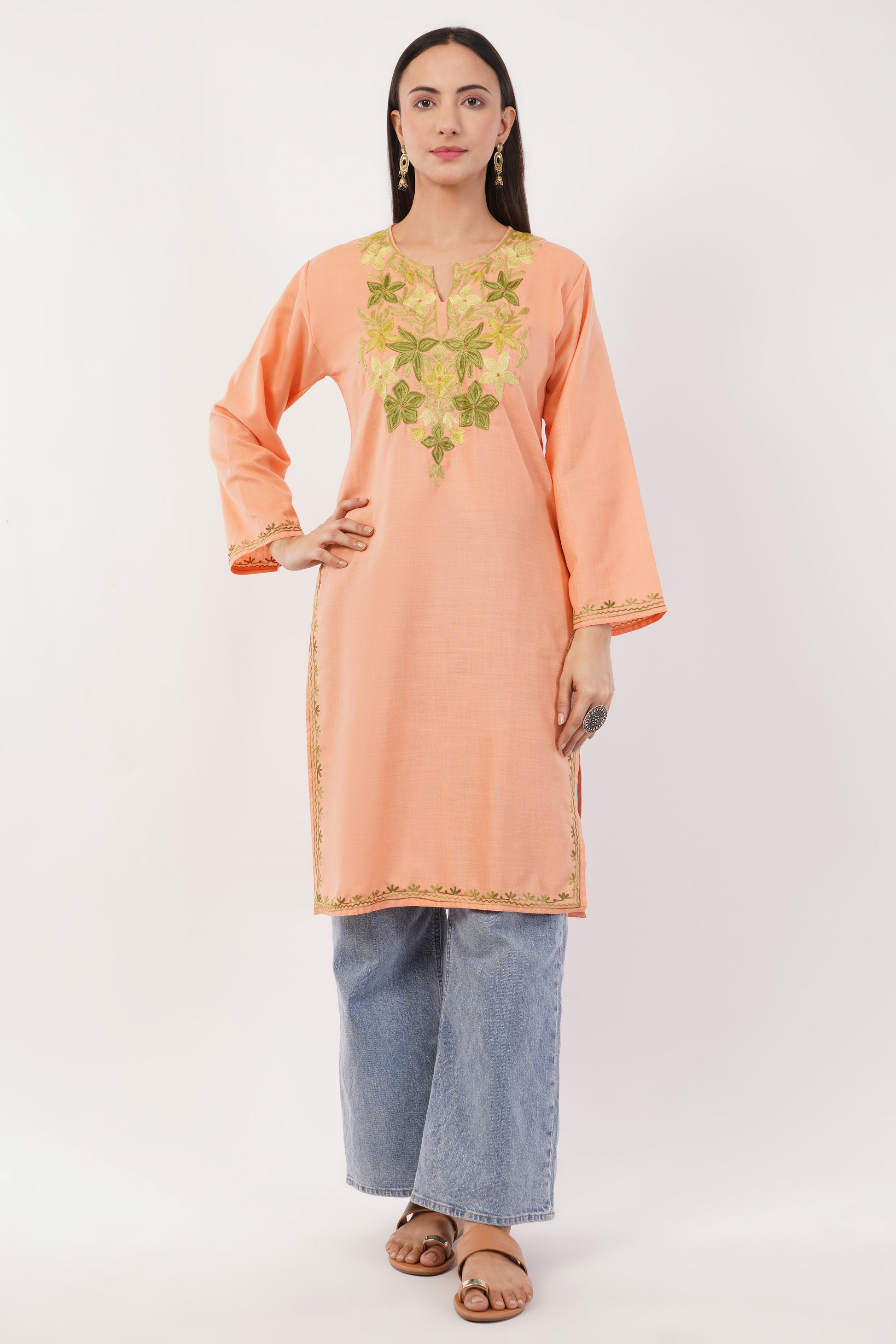 Kashmiri Aari embroidery Cotton Long Kurti Size-36 (Peach)