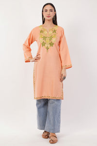 Kashmiri Aari embroidery Cotton Long Kurti Size-36 (Peach)