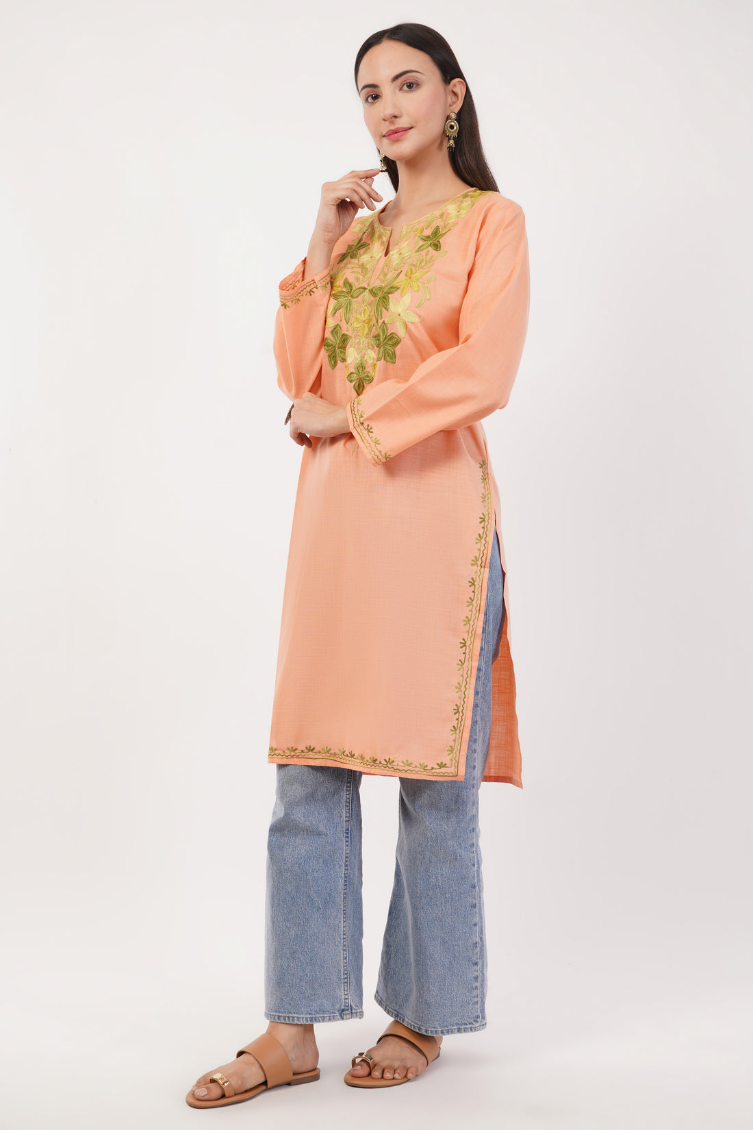 Kashmiri Aari embroidery Cotton Long Kurti Size-36 (Peach)