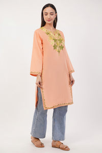 Kashmiri Aari embroidery Cotton Long Kurti Size-36 (Peach)