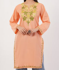 Kashmiri Aari embroidery Cotton Long Kurti Size-36 (Peach)