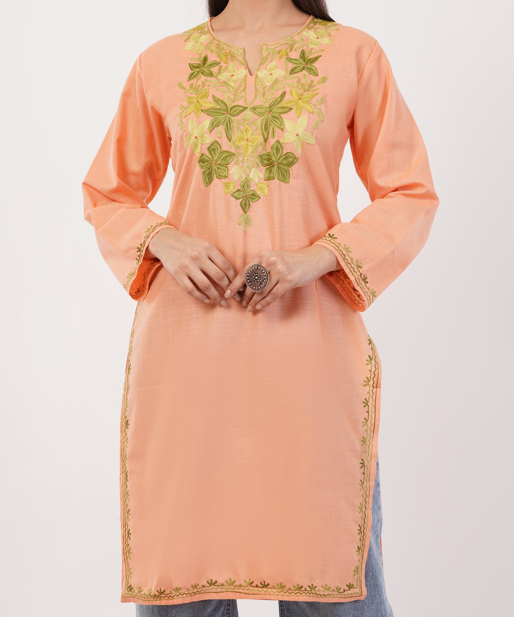 Kashmiri Aari embroidery Cotton Long Kurti Size-36 (Peach)