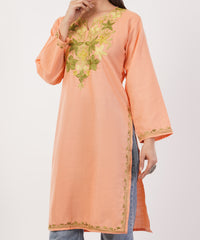 Kashmiri Aari embroidery Cotton Long Kurti Size-36 (Peach)