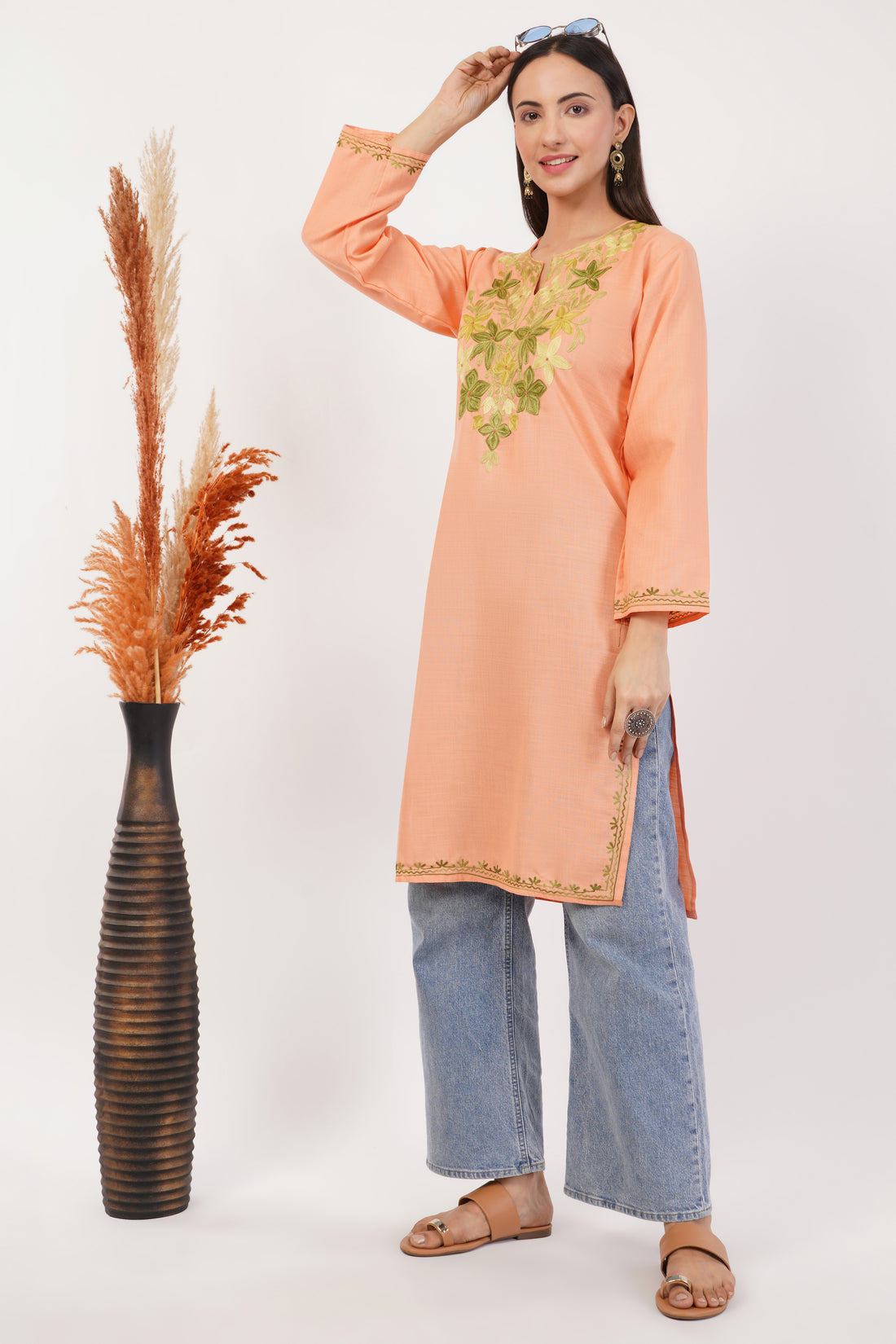 Kashmiri Aari embroidery Cotton Long Kurti Size-36 (Peach)