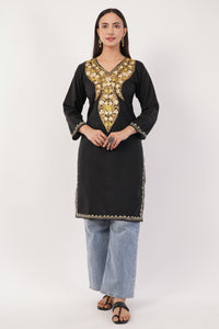 Kashmiri Aari embroidery Cotton Long Kurti Size-36 (Black)