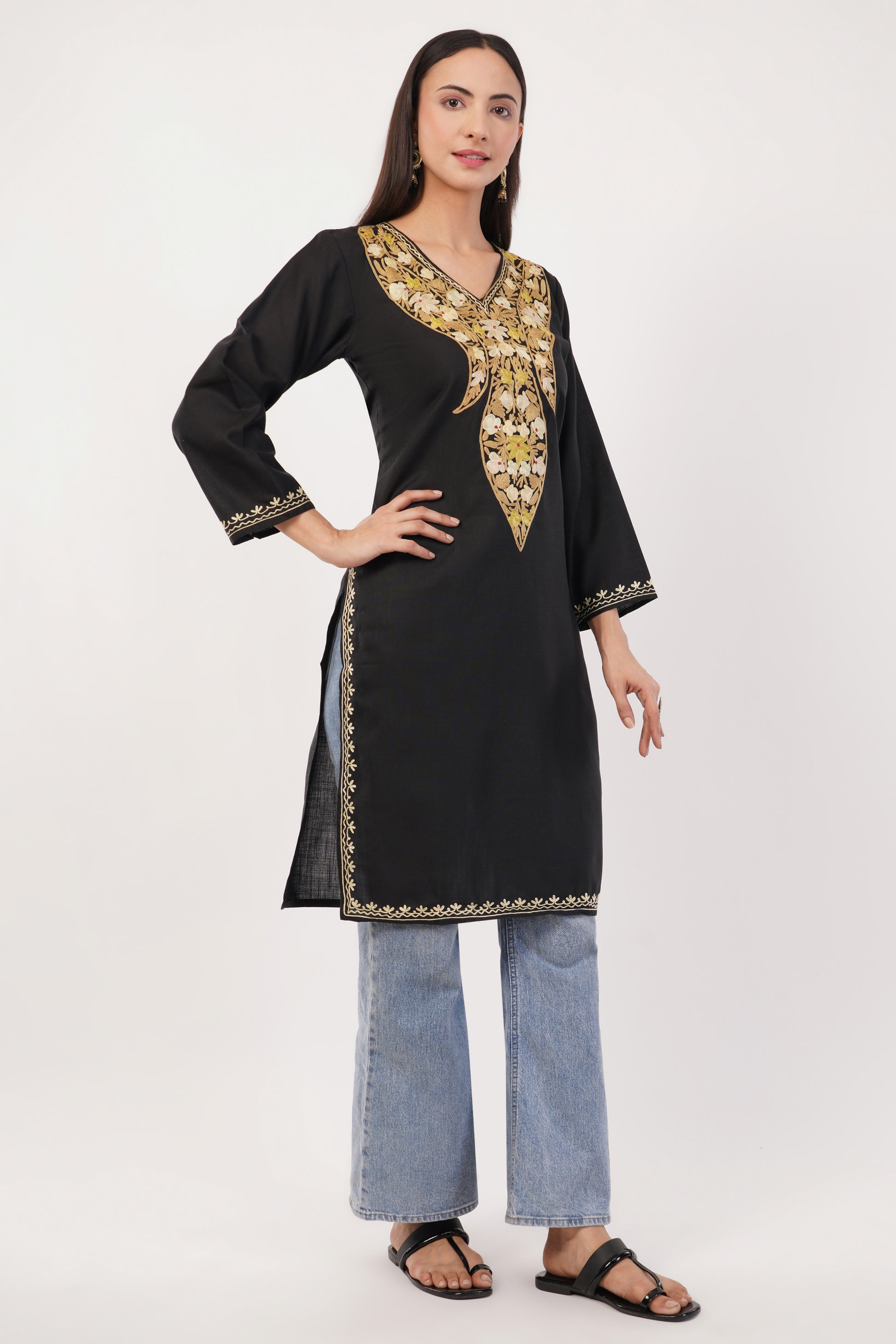 Kashmiri Aari embroidery Cotton Long Kurti Size-36 (Black)