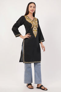 Kashmiri Aari embroidery Cotton Long Kurti Size-36 (Black)