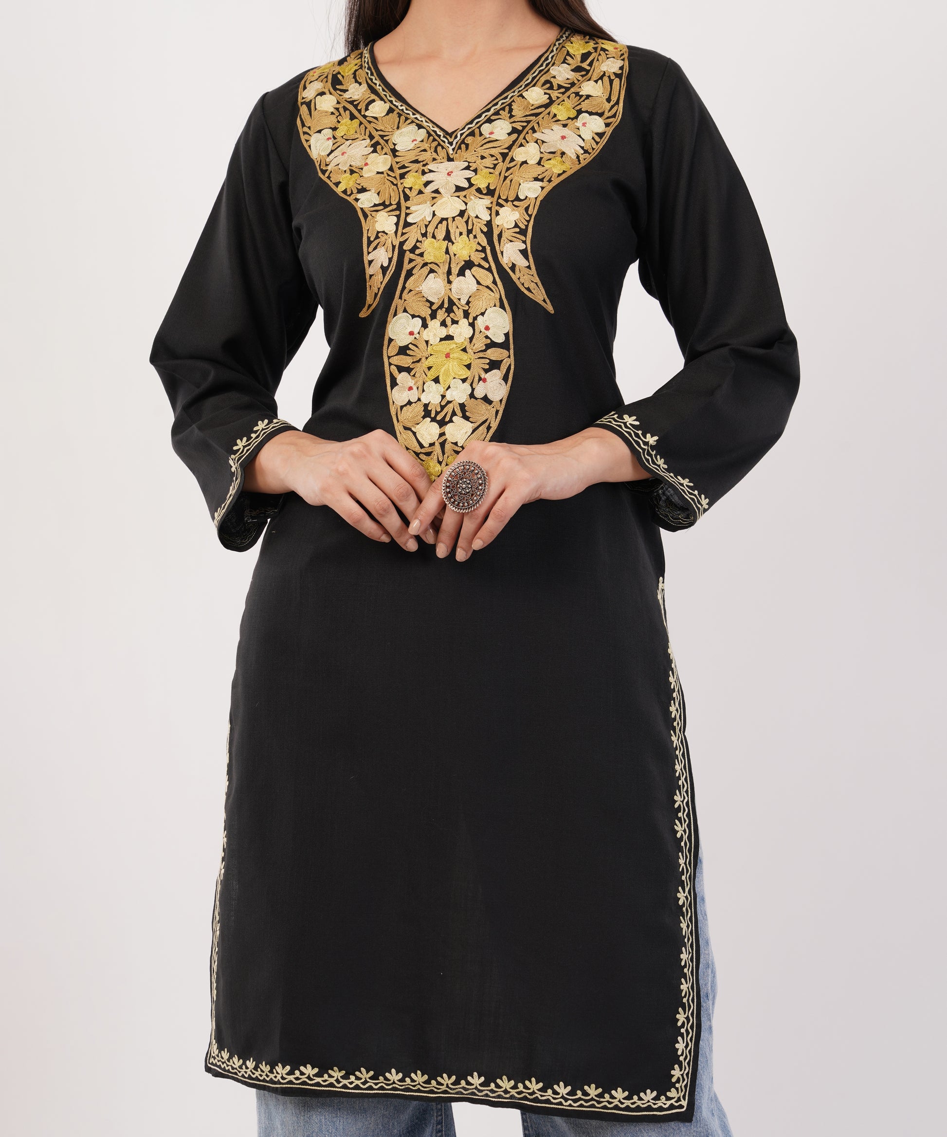 Kashmiri Aari embroidery Cotton Long Kurti Size-36 (Black)
