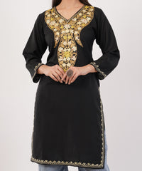Kashmiri Aari embroidery Cotton Long Kurti Size-36 (Black)