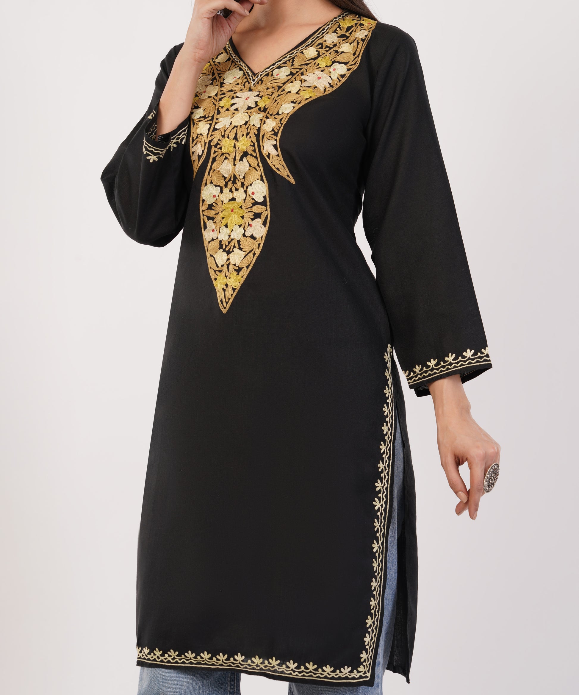 Kashmiri Aari embroidery Cotton Long Kurti Size-36 (Black)