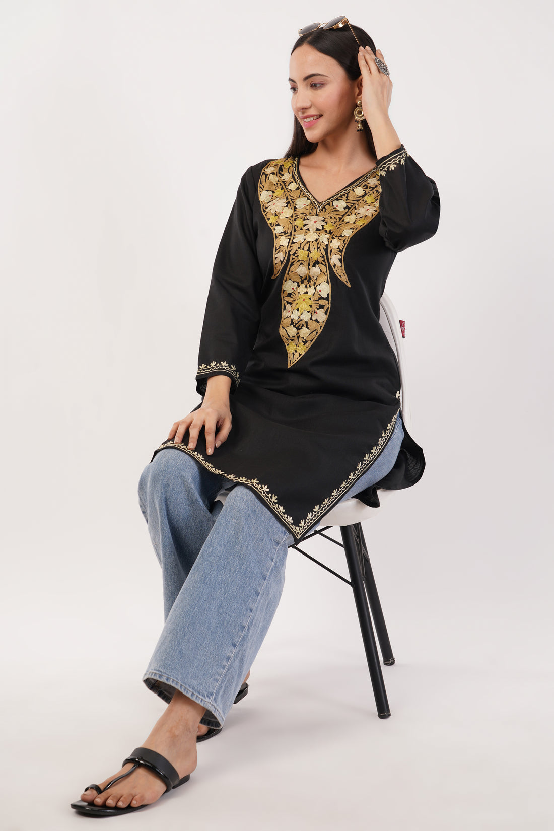 Kashmiri Aari embroidery Cotton Long Kurti Size-36 (Black)