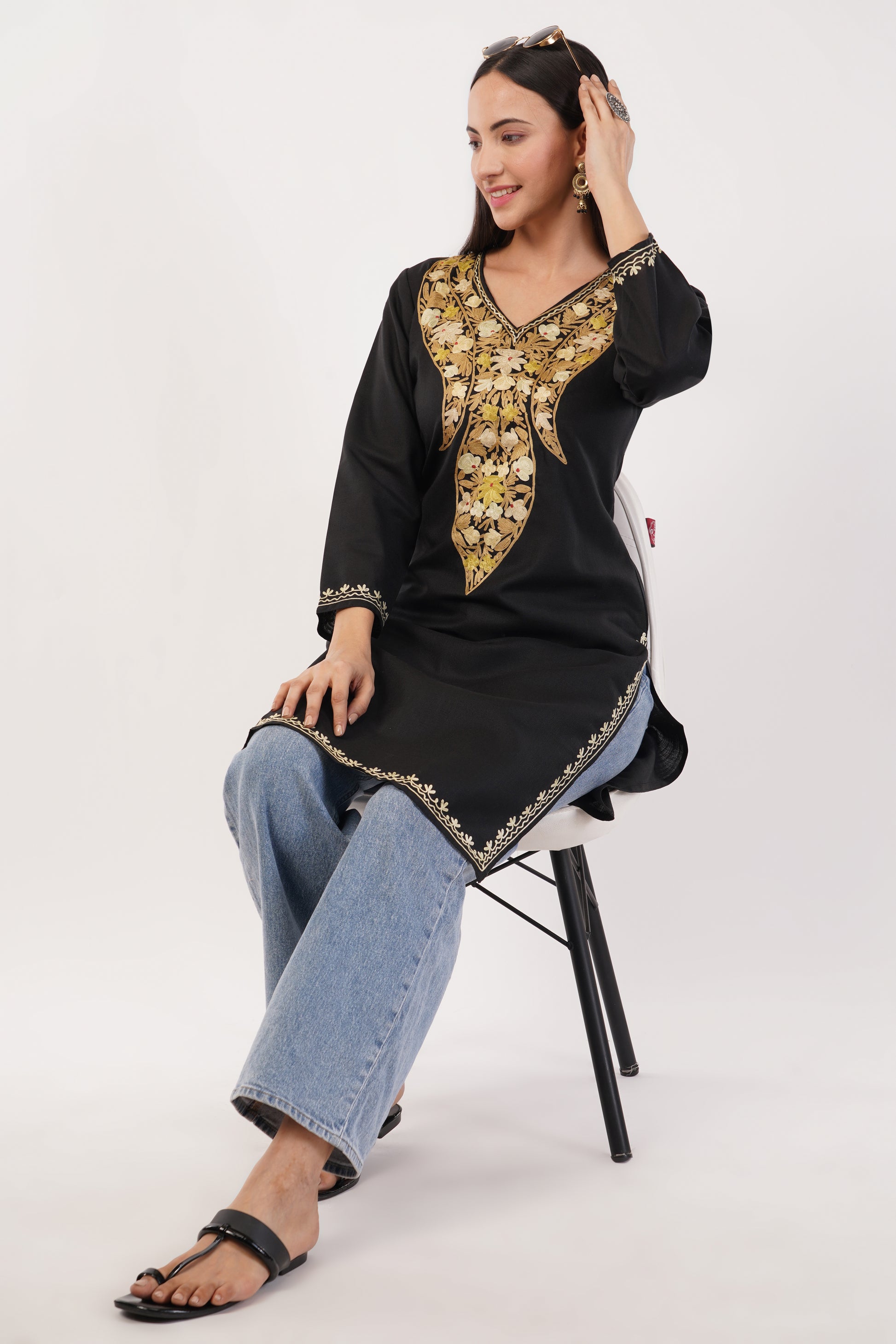 Kashmiri Aari embroidery Cotton Long Kurti Size-36 (Black)