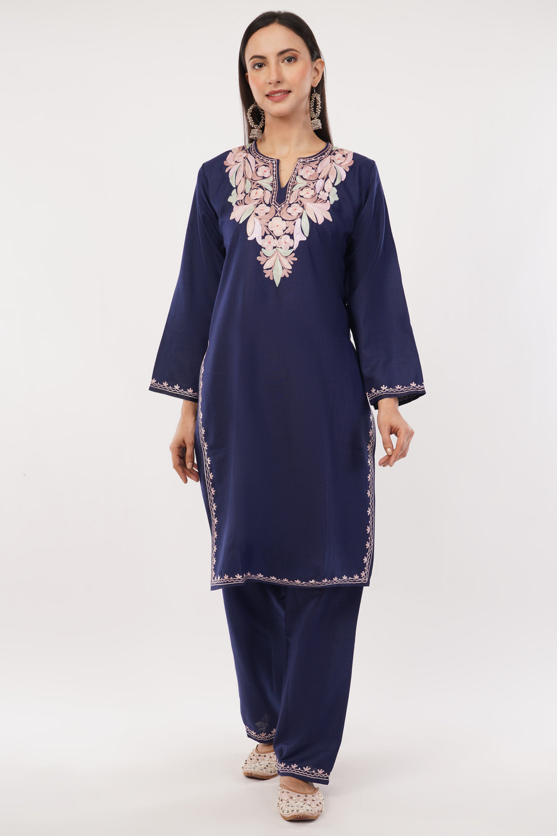 Kashmiri Aari embroidery Cotton Co-ord set Size-38 (Navy Blue)