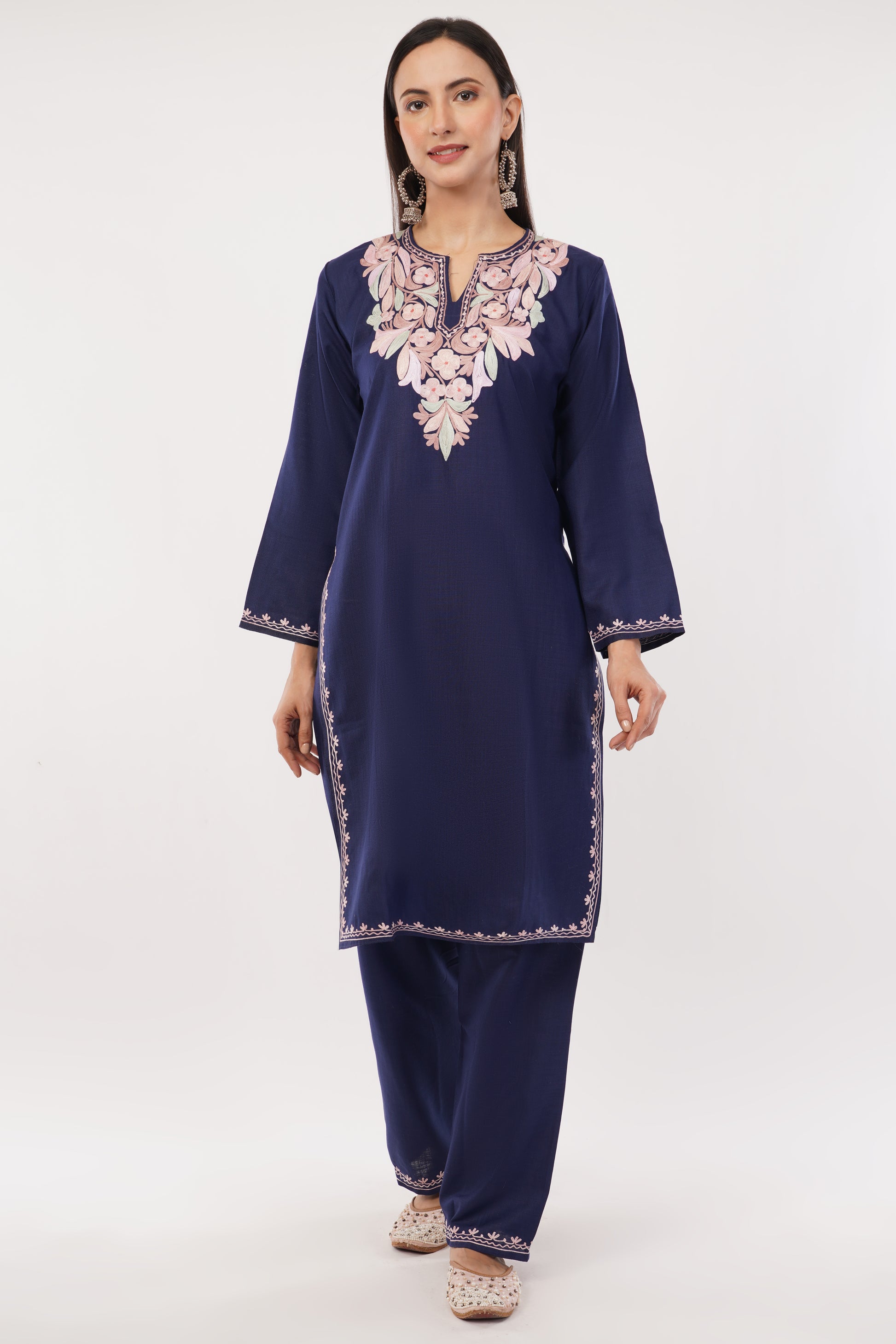 Kashmiri Aari embroidery Cotton Co-ord set Size-38 (Navy Blue)