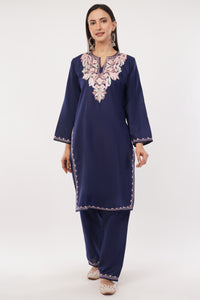 Kashmiri Aari embroidery Cotton Co-ord set Size-38 (Navy Blue)