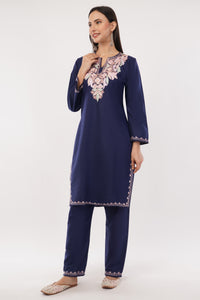 Kashmiri Aari embroidery Cotton Co-ord set Size-38 (Navy Blue)