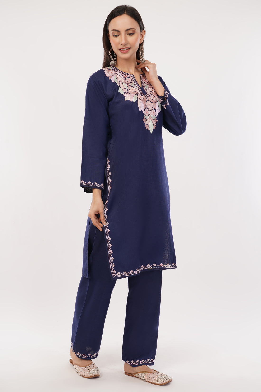 Kashmiri Aari embroidery Cotton Co-ord set Size-38 (Navy Blue)