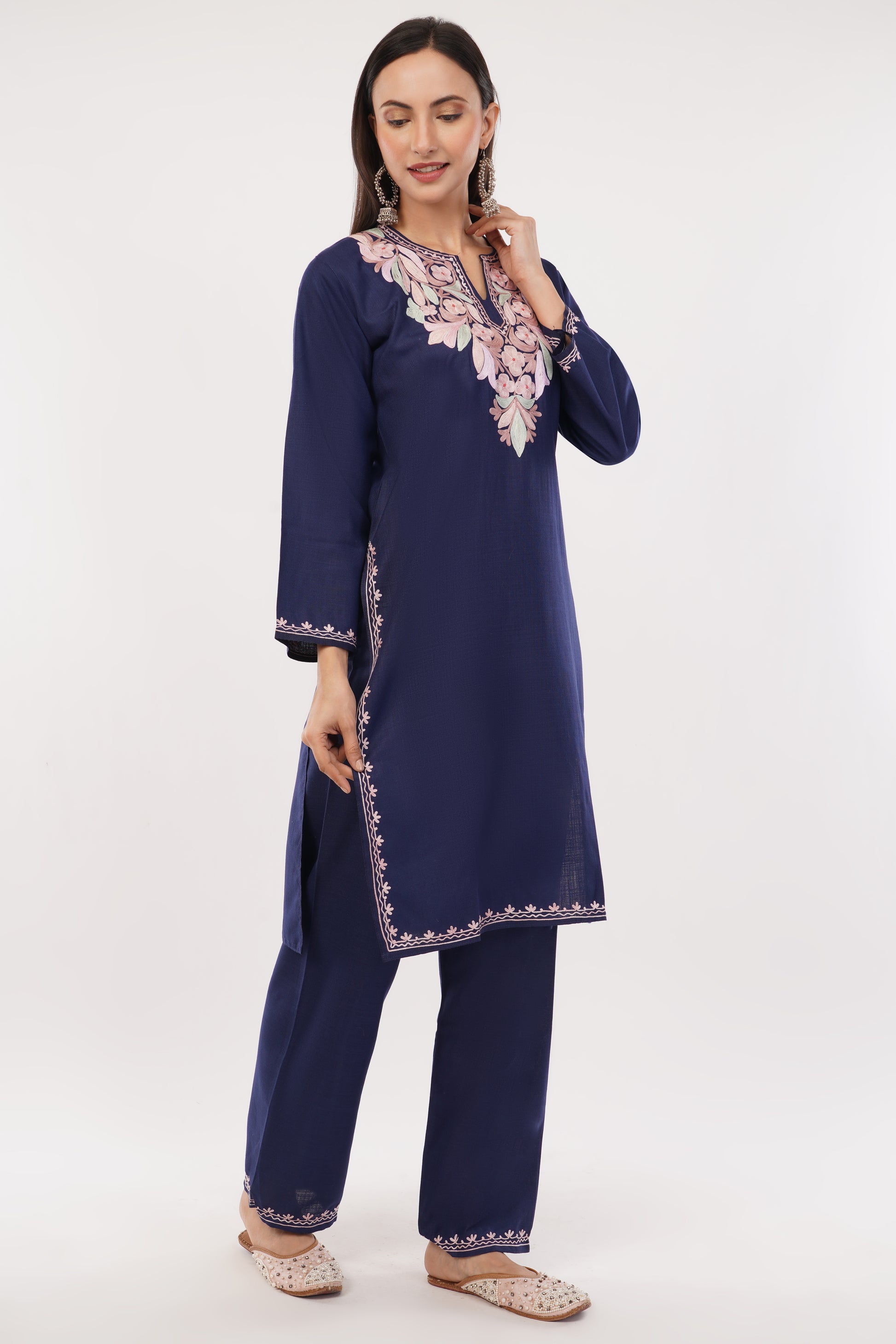 Kashmiri Aari embroidery Cotton Co-ord set Size-38 (Navy Blue)