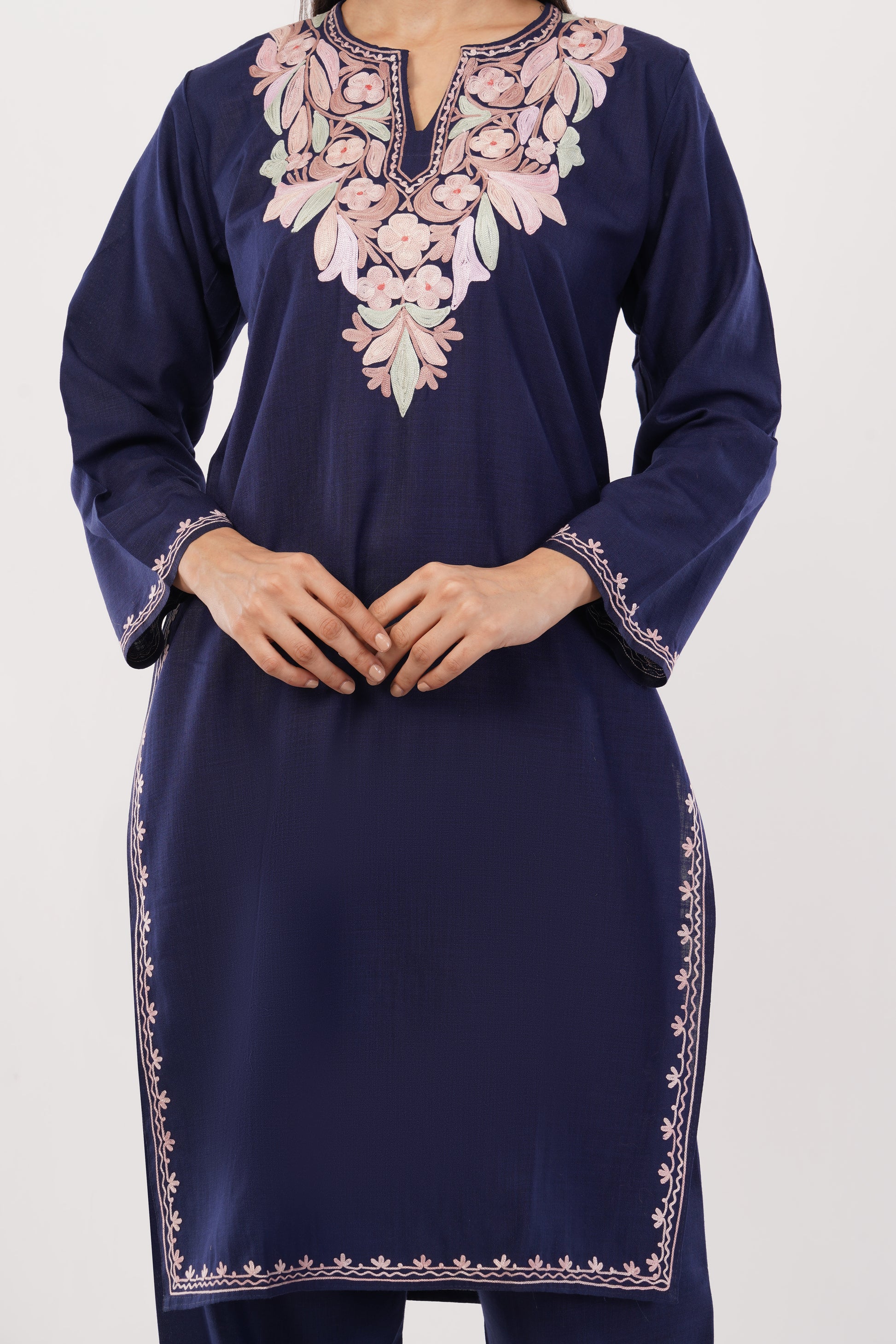 Kashmiri Aari embroidery Cotton Co-ord set Size-38 (Navy Blue)