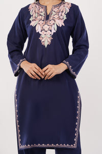 Kashmiri Aari embroidery Cotton Co-ord set Size-38 (Navy Blue)