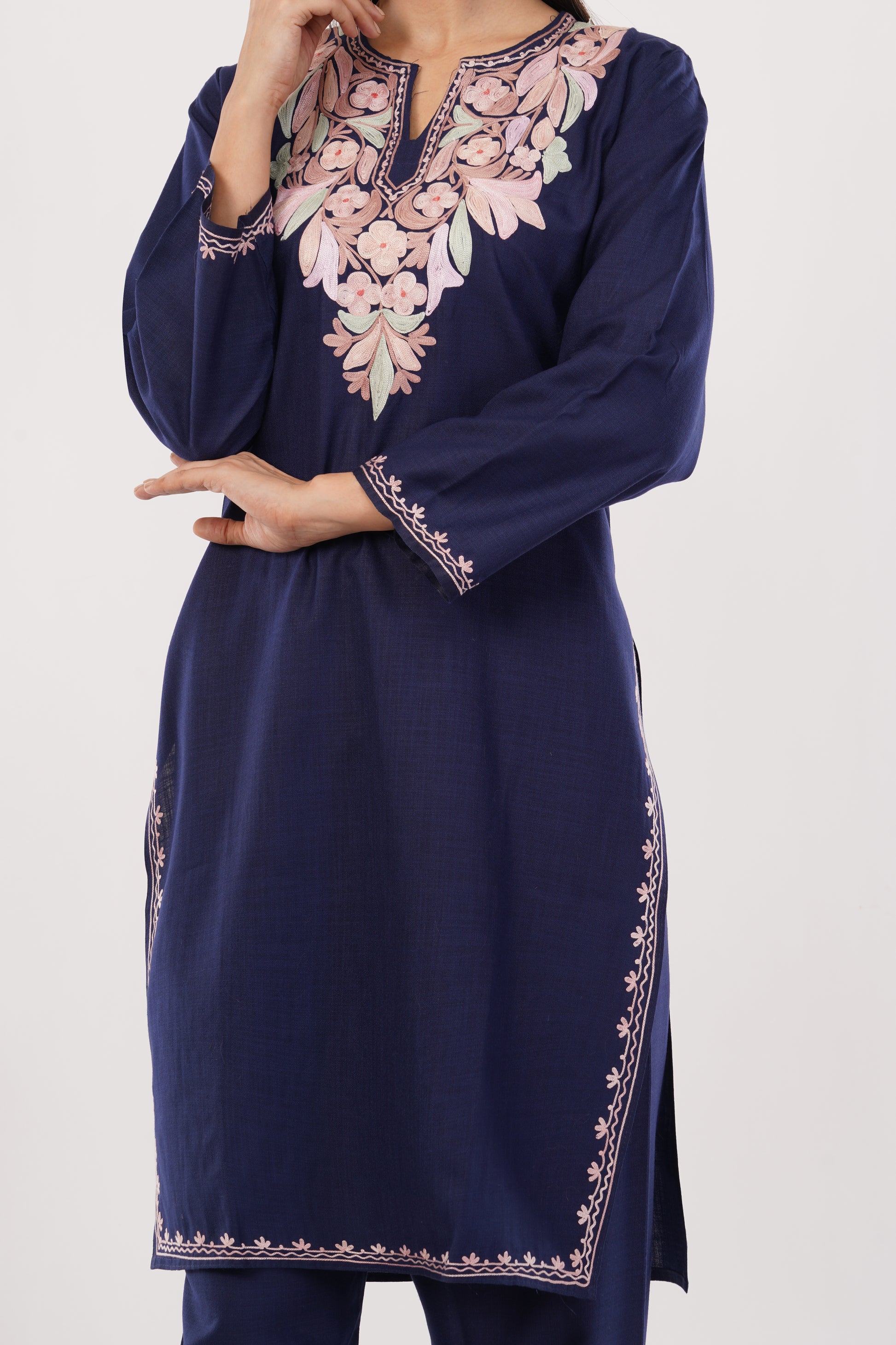 Kashmiri Aari embroidery Cotton Co-ord set Size-38 (Navy Blue)