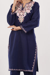 Kashmiri Aari embroidery Cotton Co-ord set Size-38 (Navy Blue)