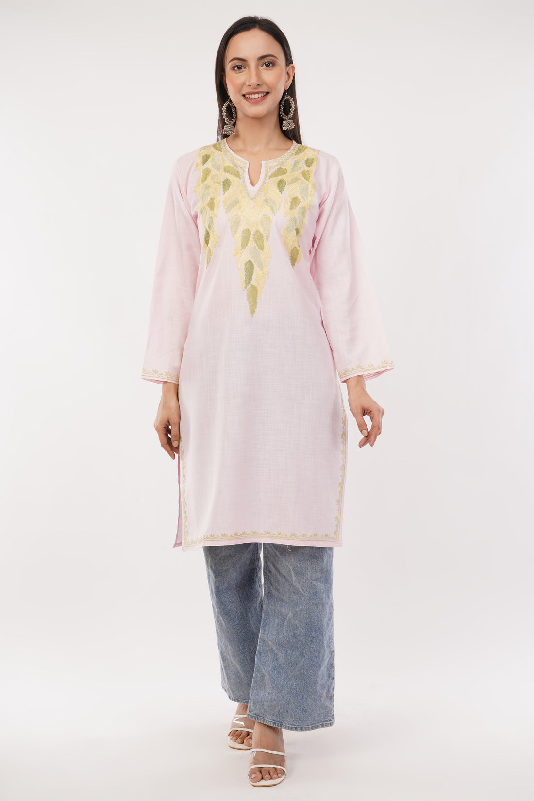 Kashmiri Aari embroidery Cotton Long Kurti Size-38 (Baby Pink)