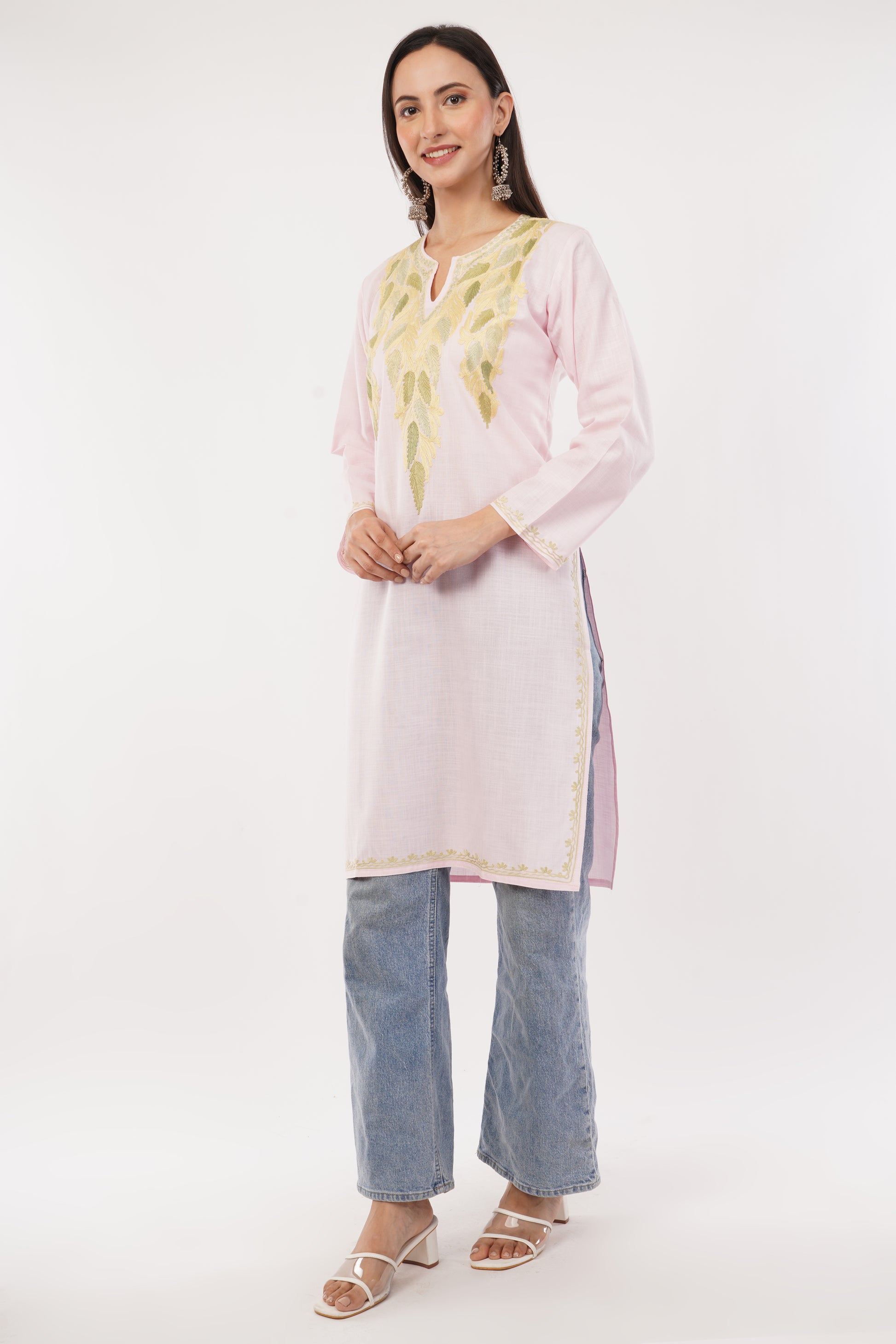 Kashmiri Aari embroidery Cotton Long Kurti Size-38 (Baby Pink)