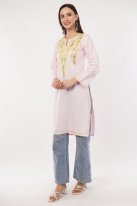 Kashmiri Aari embroidery Cotton Long Kurti Size-38 (Baby Pink)