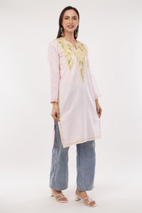 Kashmiri Aari embroidery Cotton Long Kurti Size-38 (Baby Pink)