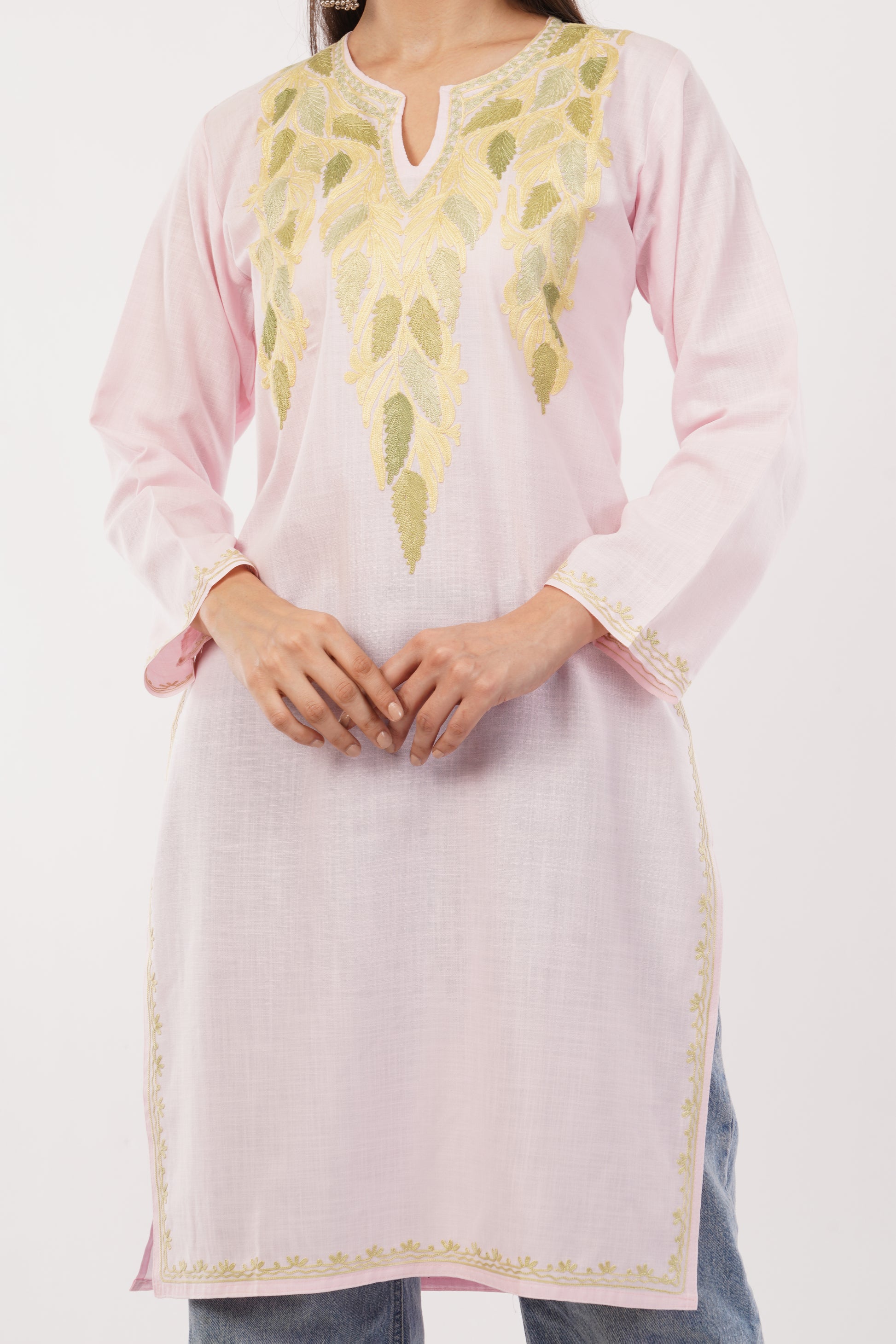 Kashmiri Aari embroidery Cotton Long Kurti Size-38 (Baby Pink)