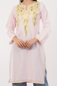 Kashmiri Aari embroidery Cotton Long Kurti Size-38 (Baby Pink)