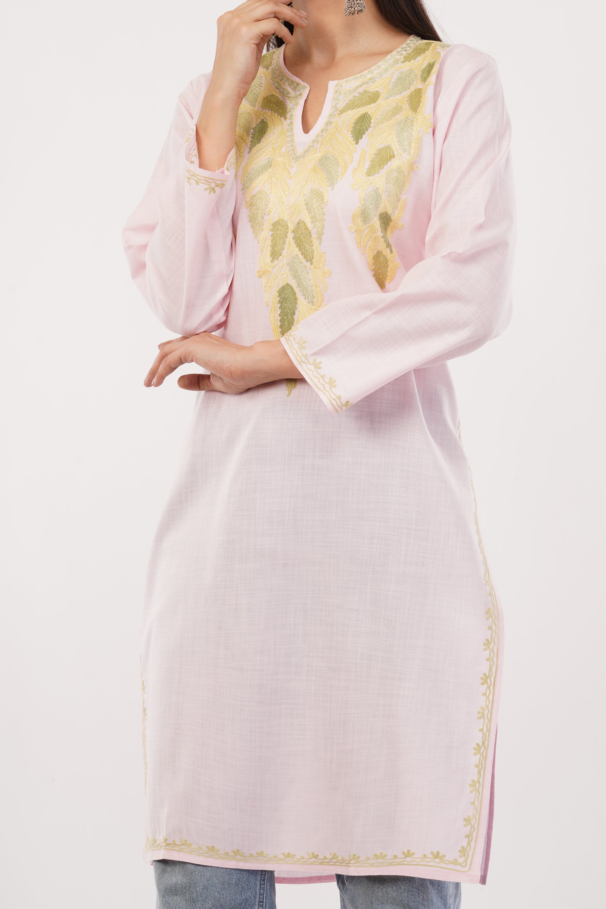 Kashmiri Aari embroidery Cotton Long Kurti Size-38 (Baby Pink)