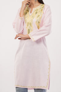 Kashmiri Aari embroidery Cotton Long Kurti Size-38 (Baby Pink)