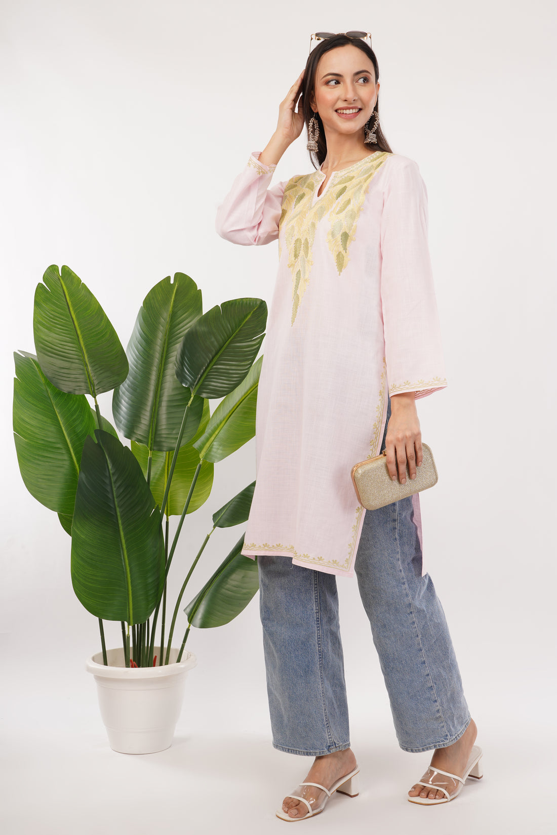 Kashmiri Aari embroidery Cotton Long Kurti Size-38 (Baby Pink)