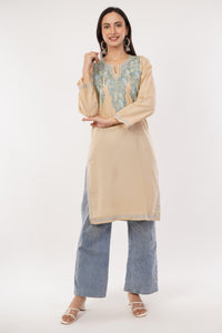 Kashmiri Aari embroidery Cotton Long Kurti Size-38 (Beige)