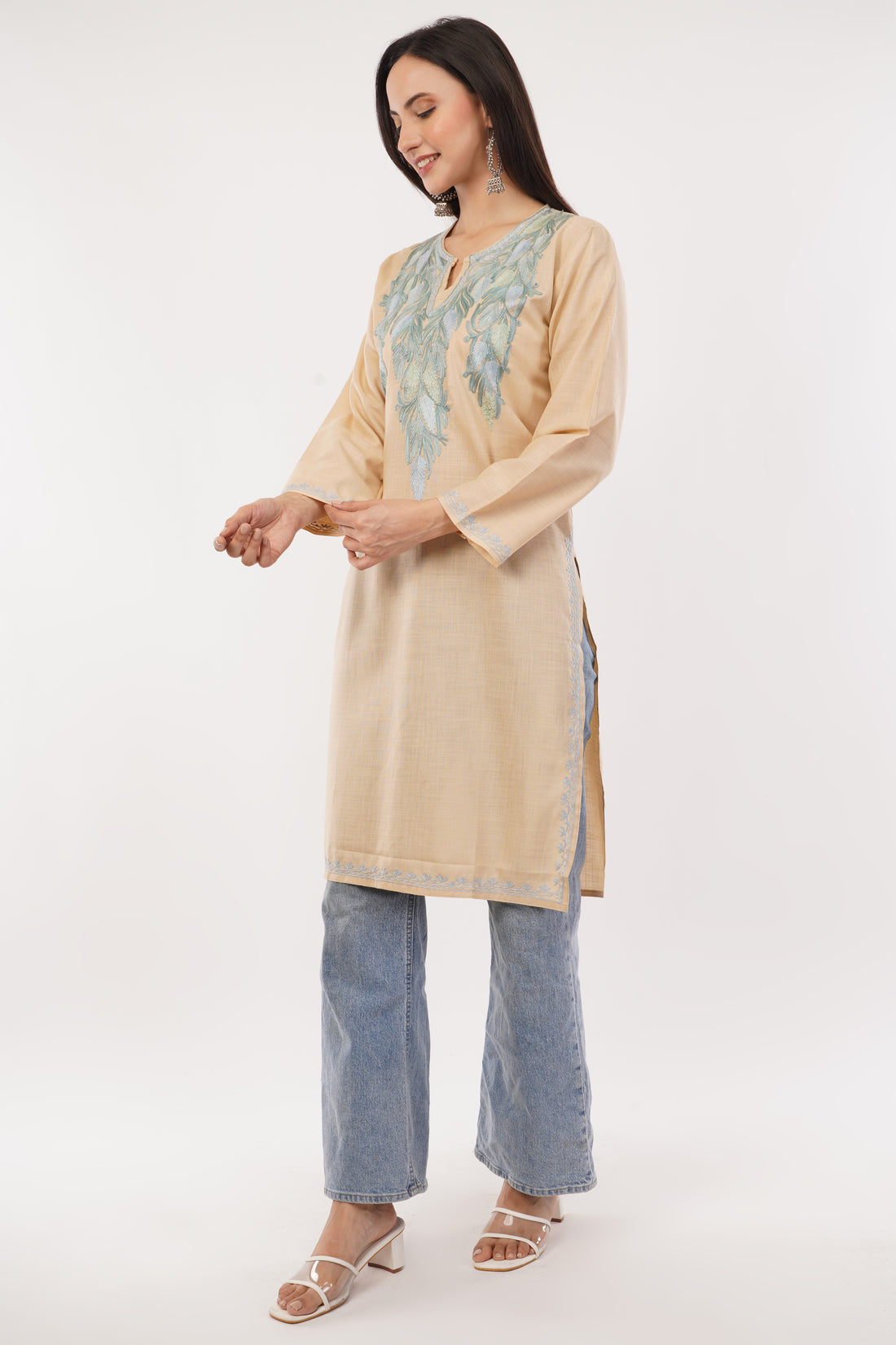 Kashmiri Aari embroidery Cotton Long Kurti Size-38 (Beige)