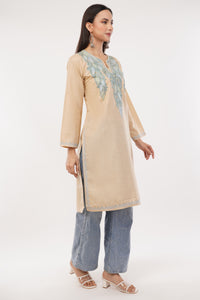 Kashmiri Aari embroidery Cotton Long Kurti Size-38 (Beige)