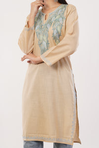 Kashmiri Aari embroidery Cotton Long Kurti Size-38 (Beige)